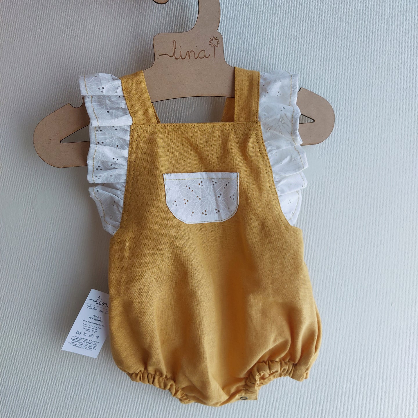 Ranita con volante bicolor lino aldogón broderie bolillo - Lina Sustentable, ropa Niño Chile, ropa de niño en oferta