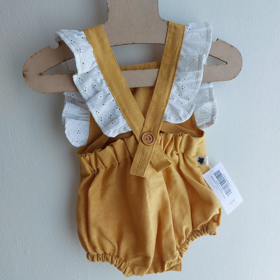 Ranita con volante bicolor lino aldogón broderie bolillo - Lina Sustentable, ropa Niño Chile, ropa de niño en oferta