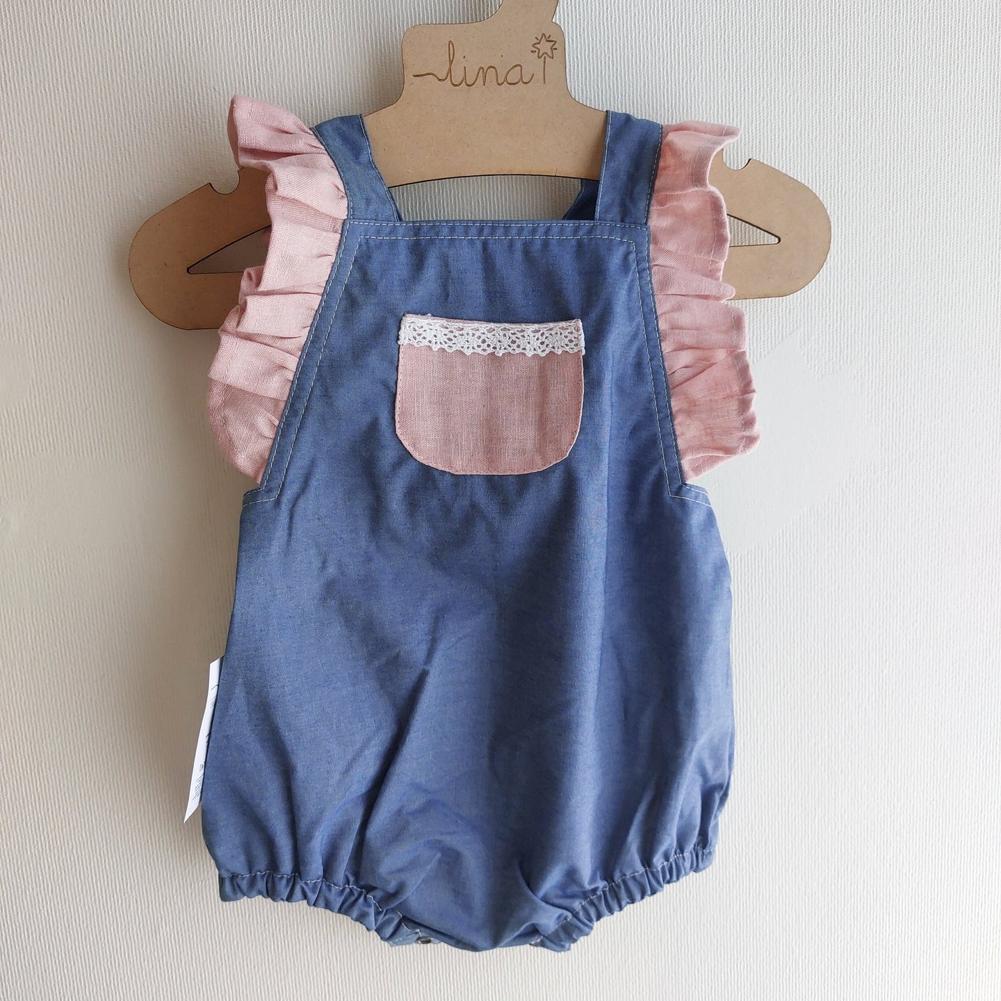 Ranita con volante bicolor lino aldogón broderie bolillo - Lina Sustentable, ropa Niño Chile, ropa de niño en oferta