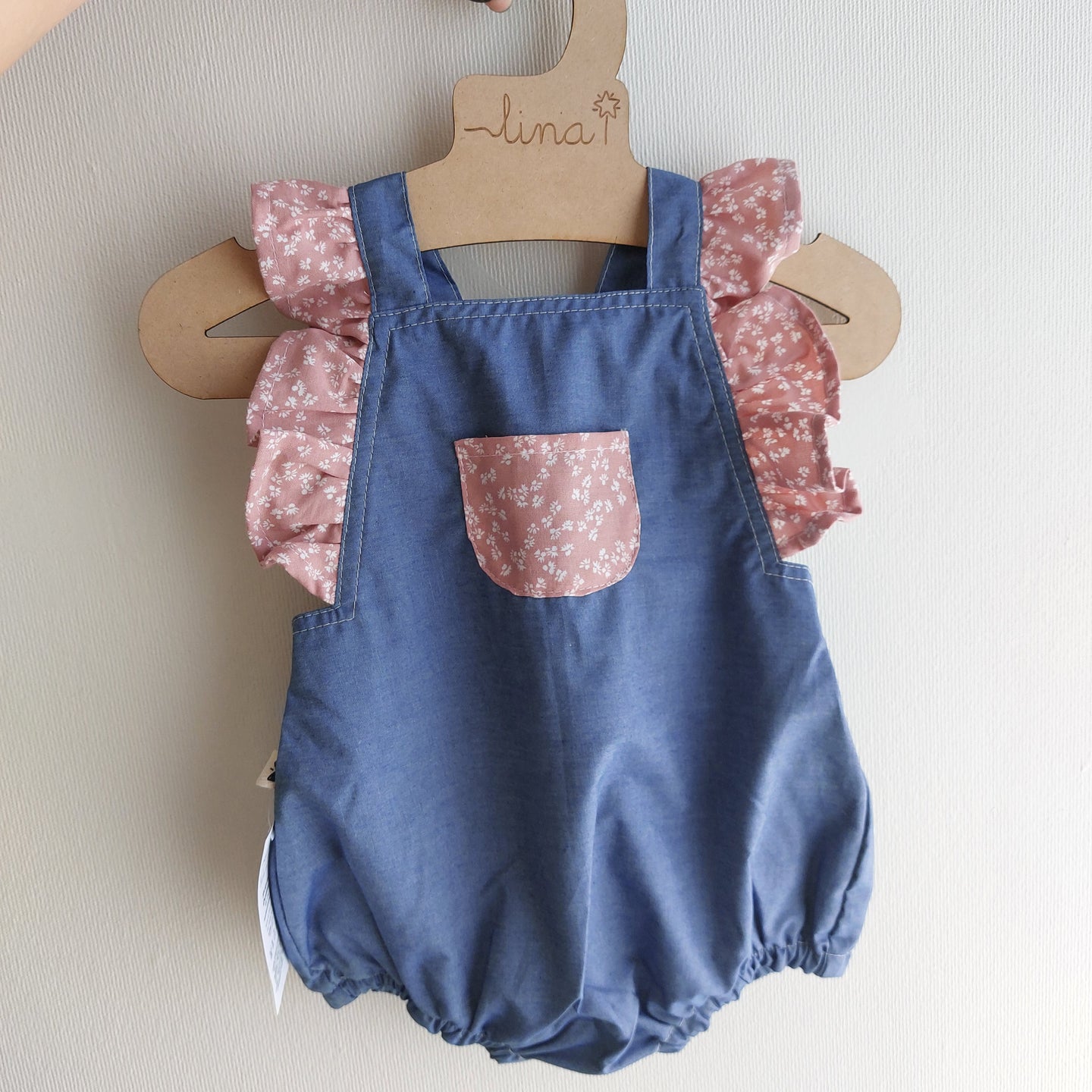 Ranita con volante bicolor lino aldogón broderie bolillo - Lina Sustentable, ropa Niño Chile, ropa de niño en oferta