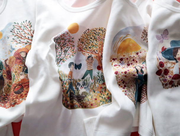 Polera blanca manga larga ilustrada estampada - Lina Sustentable, ropa Niño Chile, ropa de niño en oferta