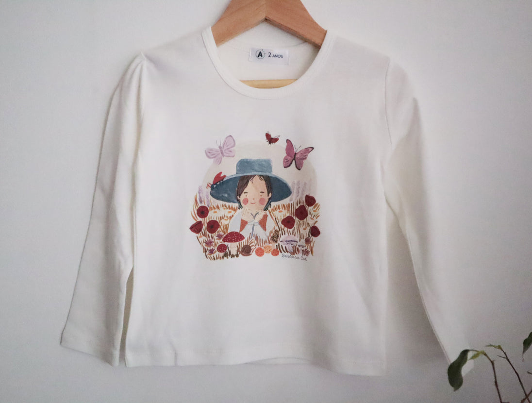 Polera blanca manga larga ilustrada estampada - Lina Sustentable, ropa Niño Chile, ropa de niño en oferta