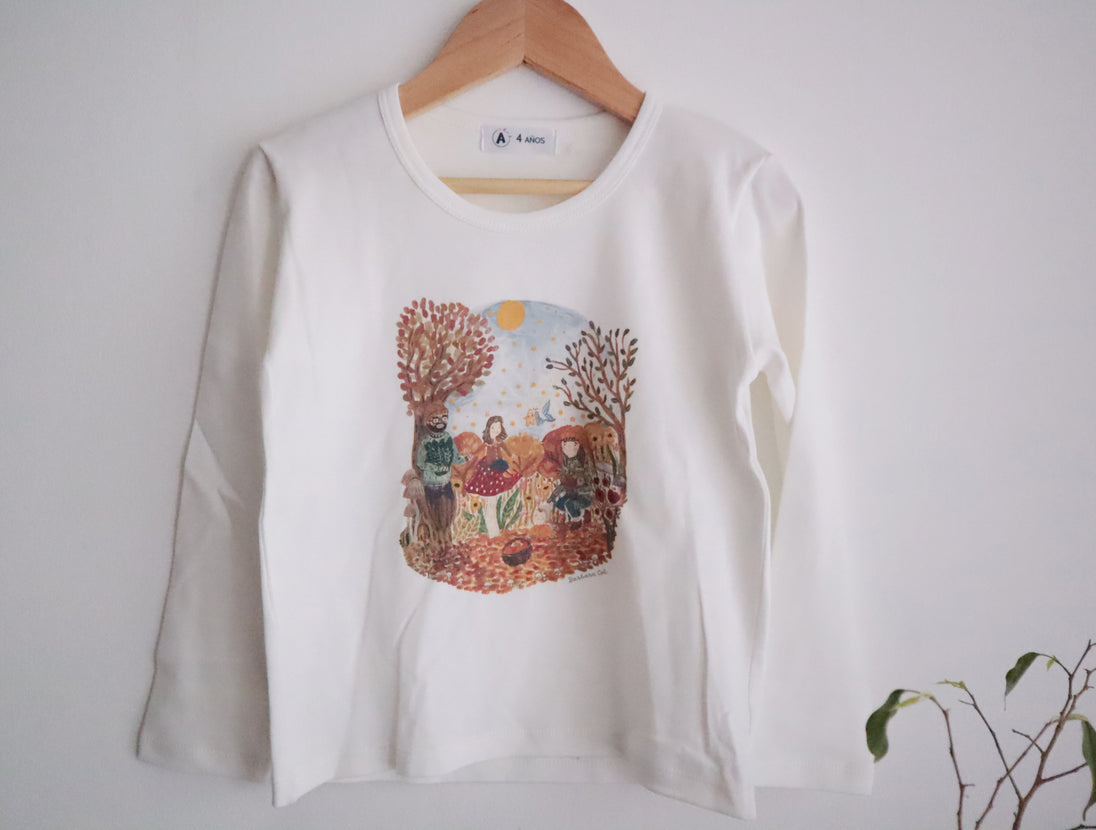 Polera blanca manga larga ilustrada estampada - Lina Sustentable, ropa Niño Chile, ropa de niño en oferta