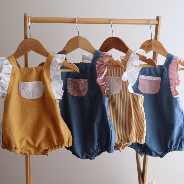 Ranita con volante bicolor lino aldogón broderie bolillo - Lina Sustentable, ropa Niño Chile, ropa de niño en oferta